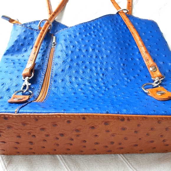 Borse in Pelle Italian Ostrich Leather Tote/Backpack Royal Blue and Tan - Picture 11 of 14